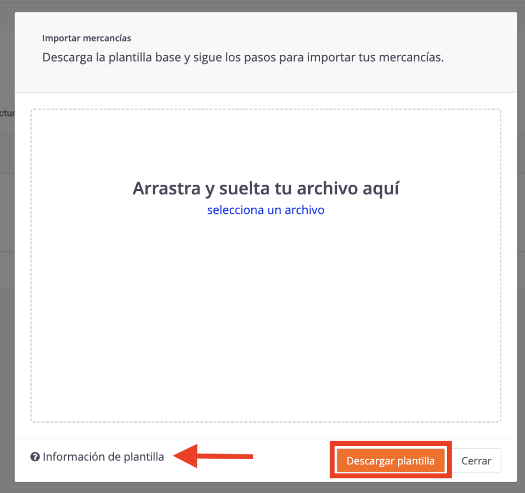 Ventana para cargar el reporte, señalando la descargar de la plantilla y el ícono que despliega la información de llenado
